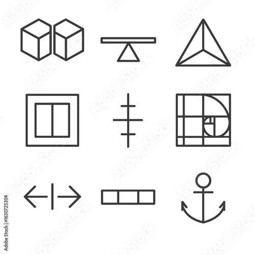 Symmetrical Line Icons. Line style icons of balanced and symmetrical forms: mirrored cube halves, balanced beam over point, radial