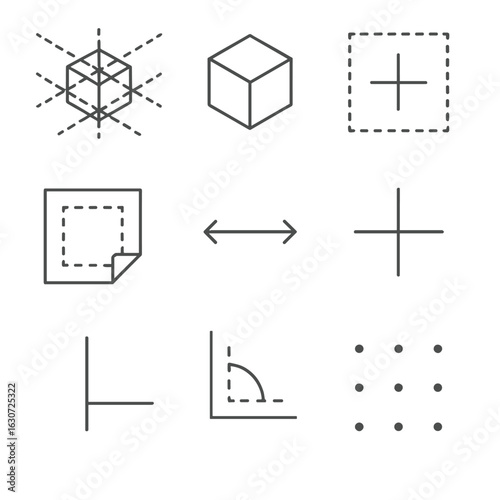 Schematic Construction Icons. Line style icons of schematic construction lines: perspective box grid, isometric cube, alignment