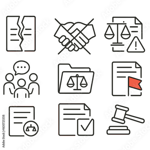 Legal Dispute Icons. Line style icons of dispute and legal resolution: broken contract icon, crossed handshake, scales and torn