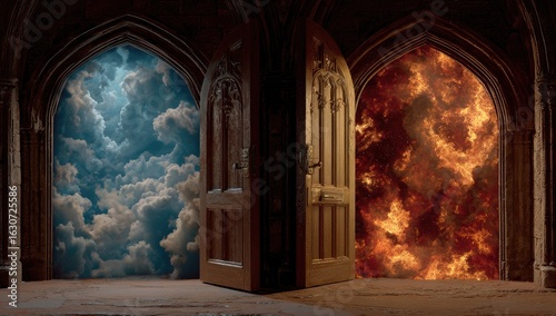 Two doorways, one to heaven, the other to hell, reveal contrasting landscapes