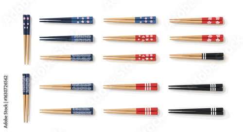 Colorful chopstick sets arrayed on a crisp white background