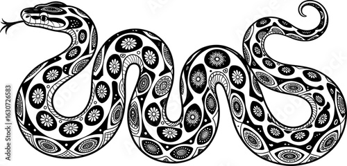 A stylized black and white illustration depicting a winding snake with intricate patterns and a flicking tongue.