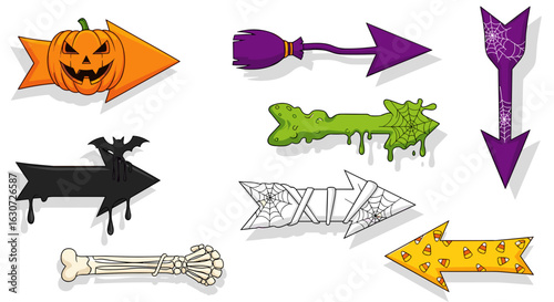 Spooky Halloween Arrow Collection Featuring Festive Icons on White Background