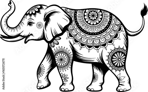 A black and white illustration of a decorated elephant walking, adorned with intricate floral and mandala patterns.