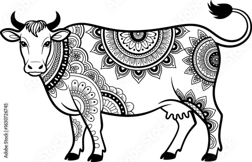 A stylized black and white illustration of a cow adorned with intricate mandala and floral patterns, presented in a decorative outline art style.