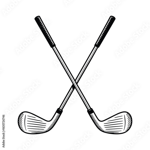 Two crossed vintage golf clubs drawn in a classic sketch style on a white background