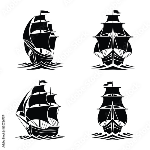 Collection of four detailed black silhouette illustrations of classic sailing ships at sea