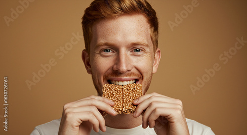 Happy Man with Red Hair Eating a Crispy Brown Rice Cereal Bar - High-quality stock image for commercial use