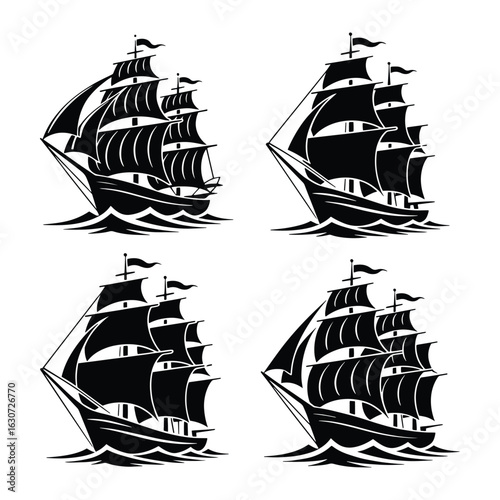 Four detailed black and white ink illustrations of vintage sailing ships on rough seas