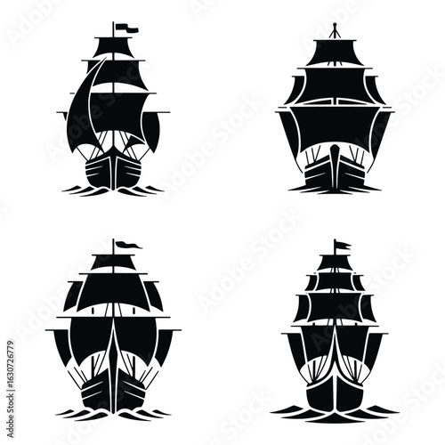 Four silhouetted vintage sailing ships with multiple masts and sails on a white background