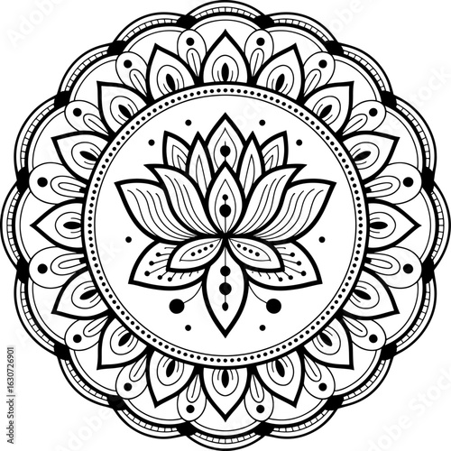 Detailed black and white circular mandala art with a prominent lotus blossom at its center, surrounded by ornate symmetrical patterns.