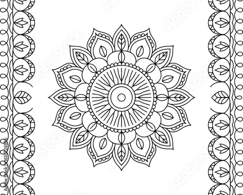 An intricate black and white mandala with decorative floral borders, perfect for a coloring page.