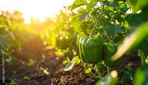 Green pepper plant in field at sunset