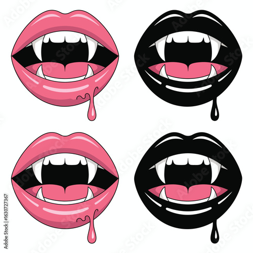 Four vampire mouths with fangs and dripping blood illustration