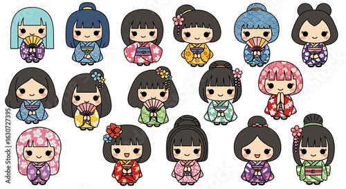 Cute Kokeshi Dolls Arrayed in Colorful Kimonos: A Delightful Collection