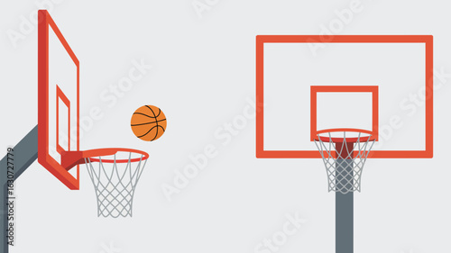 Two basketball hoops with a ball in mid air
