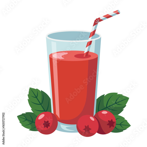 Refreshing glass of red berry juice with fresh berries and leaves