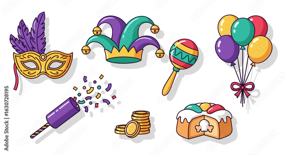 Fototapeta premium Colorful Mardi Gras celebration featuring mask, balloons, cake and decorations.