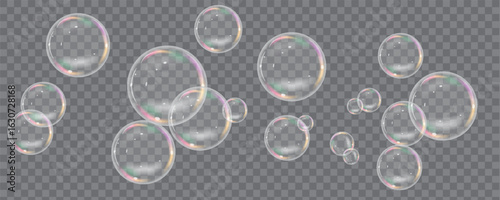 Collection of realistic soap bubbles. Png Bubbles are located on a transparent background. Vector illustrations