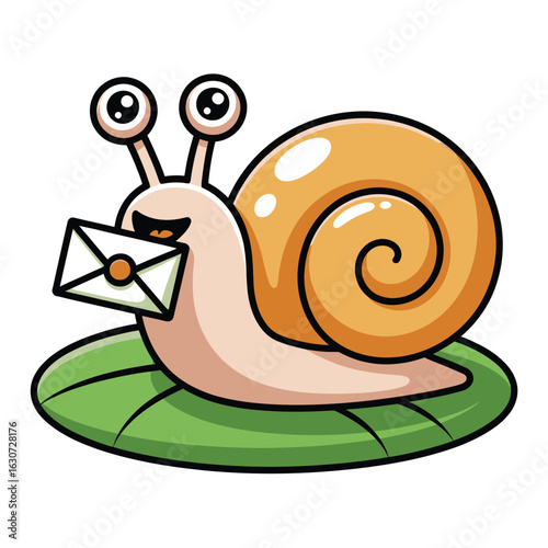 Cute cartoon snail delivering a letter on a green leaf