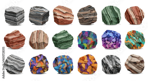 Collection of Colorful Stratified Rock Specimens Displayed Against a White Background