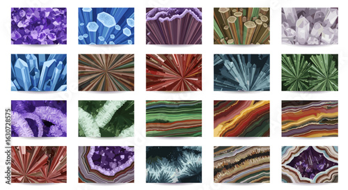 Colorful collection of various minerals and gemstones in a pattern.