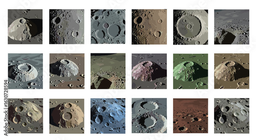 Diverse lunar surface collection with various craters and terrain textures.