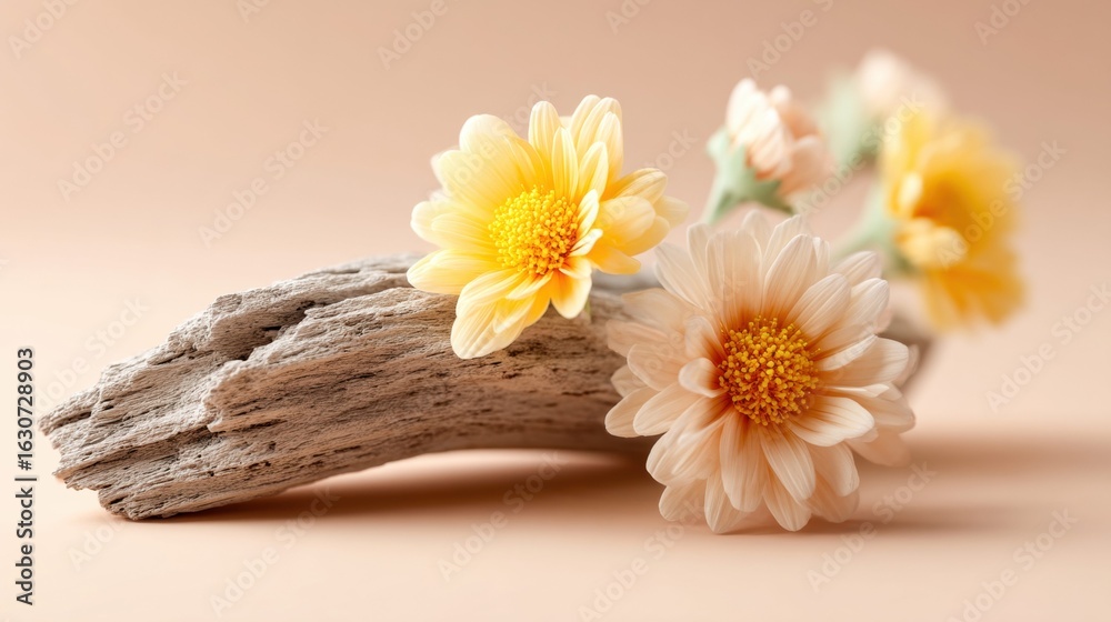 Obraz premium Beautiful yellow and peach flowers on weathered driftwood create a serene scene.