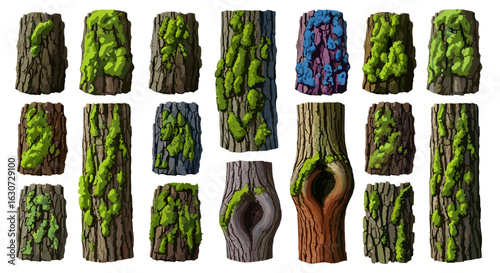 Artistic collection of tree bark illustrations with unique textures and color palettes.