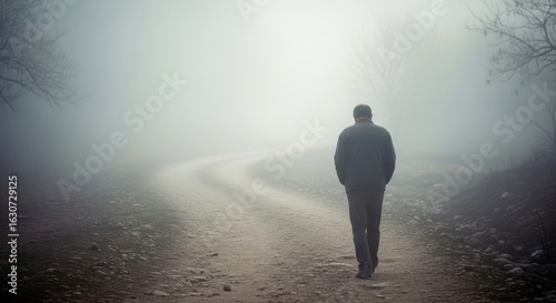 Solitary Figure Walking Down a Foggy, Winding Path in Nature