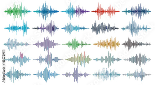Diverse sound waves collection visualized on white background for scientific illustration