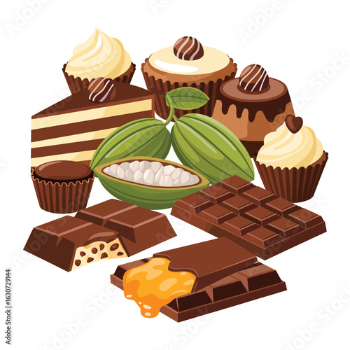 Assortment of delicious chocolate desserts and cacao pods