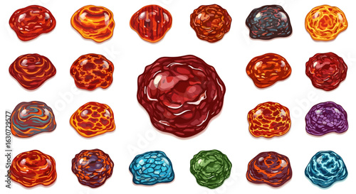 Collection of vibrant, glossy, colorful gemstones isolated on white background