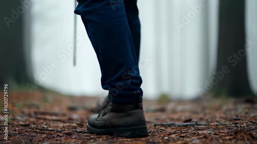 Close-up of Person's Feet Walking Through a Misty Forest Trail with Fallen Leaves