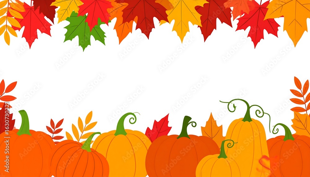 Naklejka premium Autumnal border featuring pumpkins and fall leaves against a white backdrop