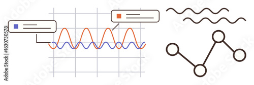 Graph displaying intersecting sine waves with annotations, wavy lines, and a connected node diagram. Ideal for analytics, trends, data science, research, reports, network learning simple flat