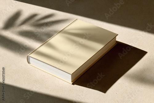 Beige book on a light surface, with leaf shadow