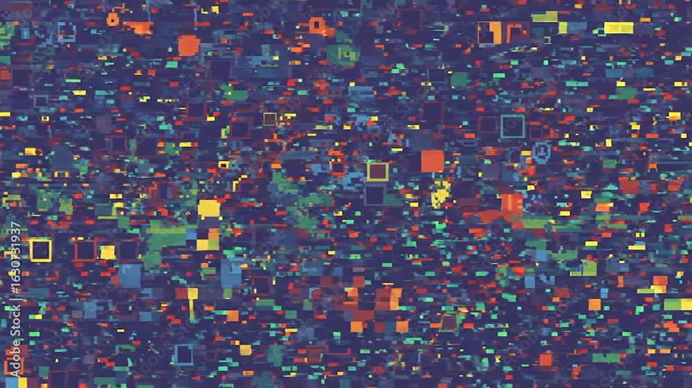 Abstract digital glitch texture; colorful squares; dark background; website design