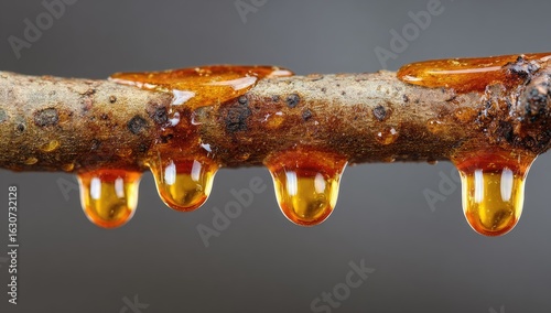 Resin dripping from a branch.  Close-up of amber-colored resin drops hanging from a light brown branch against a muted gray background.  The resin is viscous and glossy