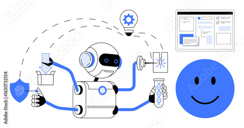 Robot multitasking with box, shield, test tube, light bulb, and dashboard. Ideal for AI, automation, robotics technology innovation productivity safety. Modern simple flat metaphor