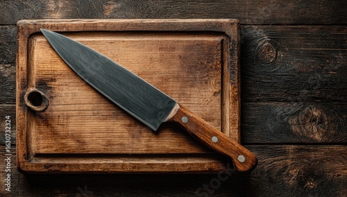 A chef's knife on a rustic wooden cutting board