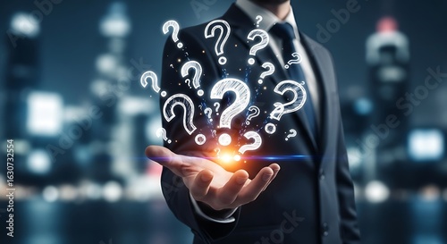 Business professional presenting a multitude of questions in an illuminated hand