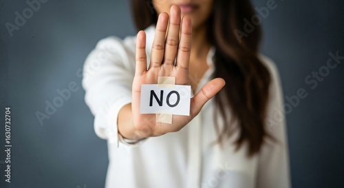 Confident businesswoman firmly states 'NO' with hand gesture, conveying clear boundaries and assertive communication in a professional setting.