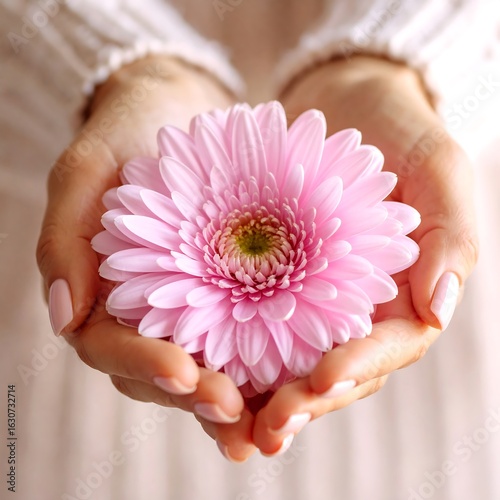 Gentle hands hold a delicate pink flower