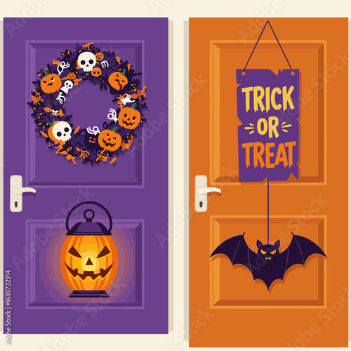 Halloween decorated doors with wreath, lantern, sign, and bat on transparent background