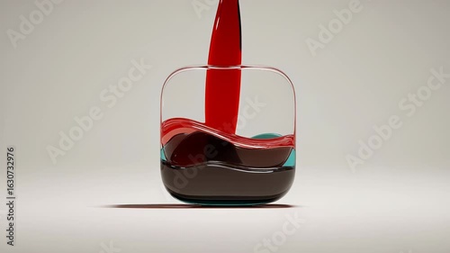 3D transparent glass container being filled by red liquid stream layered over blue liquid on light background