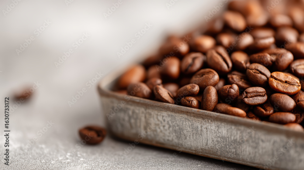 Naklejka premium Close-up of roasted coffee beans spilling from a metal tray onto a textured surface.