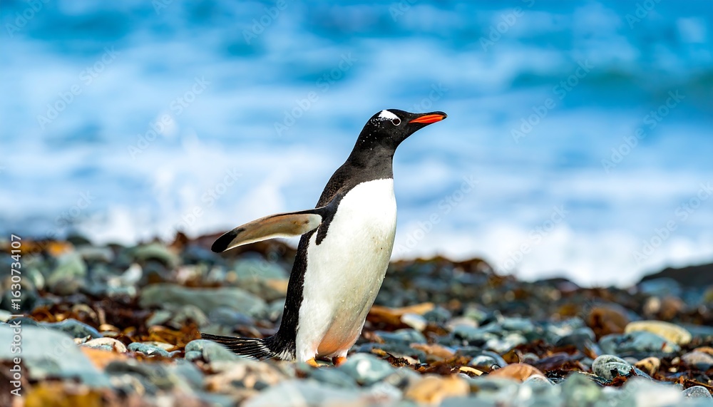 Naklejka premium Gentoo penguin on rocky shore