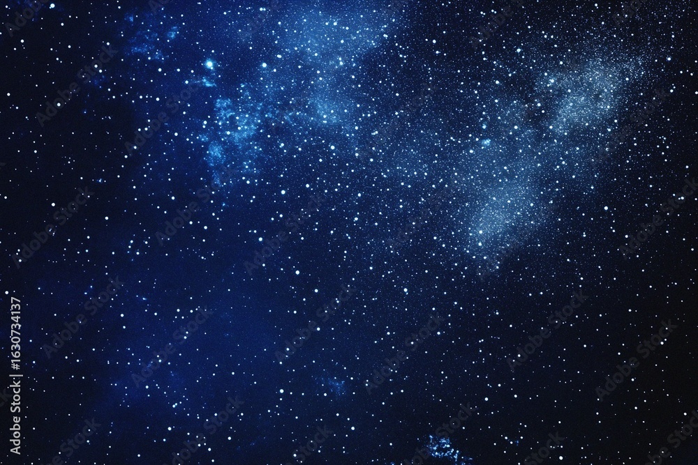 Naklejka premium Starry sky background, blue night sky full of stars, glowing stars in the dark space, starry background, dark night, stars in the distance, starlight, dark background with a blue glow, night sky. 