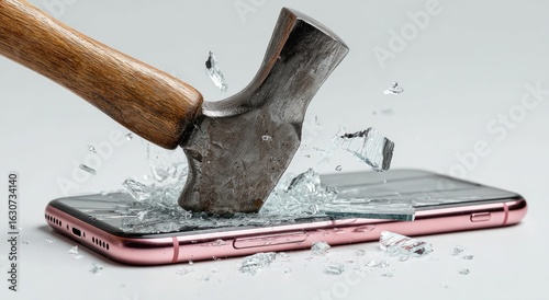 A hammer smashes a pink smartphone, shattering the screen